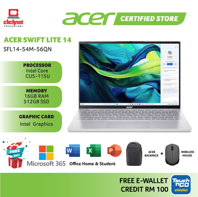Thumbnail: ACER SWIFT LITE 14 SFL14-54M-56QN LAPTOP CU5-115U, 16GB RAM, 512GB SSD, Intel