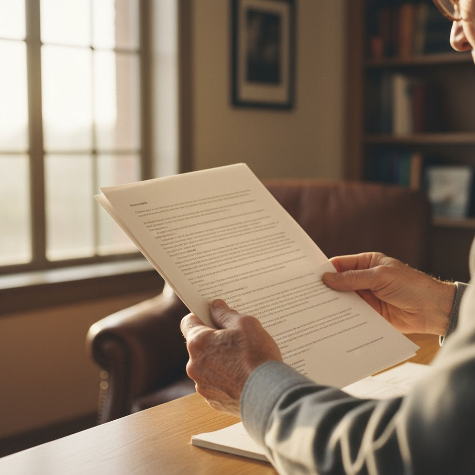 Elderly hands holding legal will document in natural lighting, representing testamentary capacity assessment