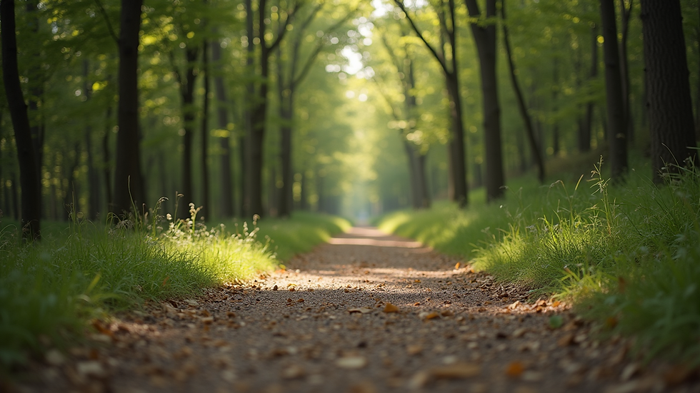 Eye-level view of a serene nature trail surrounded by trees