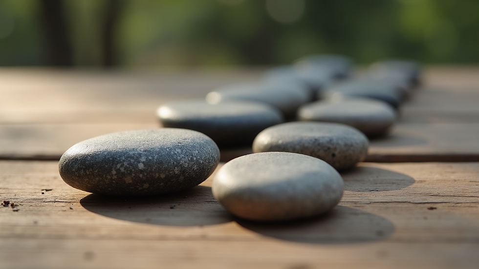Eye-level view of a set of smooth grounding stones on a wooden surface