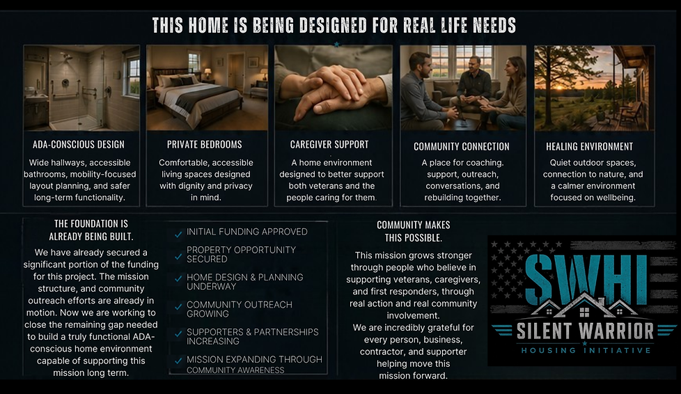 Silent Warrior Housing Initiative featuring ADA conscious design, private bedrooms, caregiver support, community connection, healing environments, and accessible housing created to support veterans, caregivers, and long term independent living