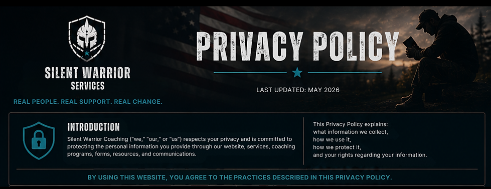 Silent Warrior Mission Privacy Policy explaining how personal information is collected, used, protected, and managed through coaching services, website forms, resources, and communications