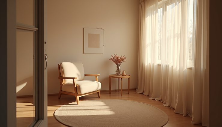 Eye-level view of a cozy therapy room with a comfortable chair and soft lighting