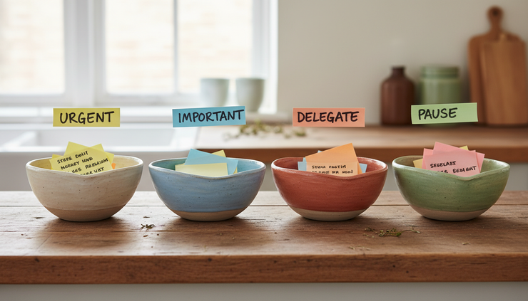 Close-up of handwritten sticky notes sorted into four small ceramic bowls.