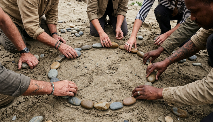 Overhead view of several hands placing stones into one circle on sandy ground.