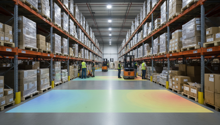 Wide-angle view of a warehouse aisle with colored workload zones projected on the floor