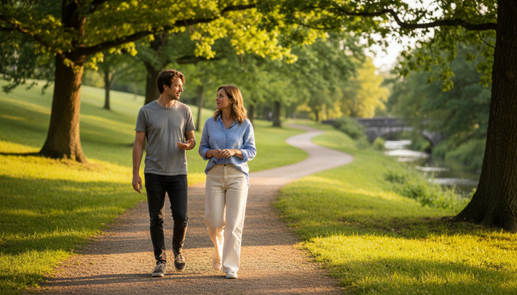 Eye-level view of two casually dressed people walking side by side on a park path