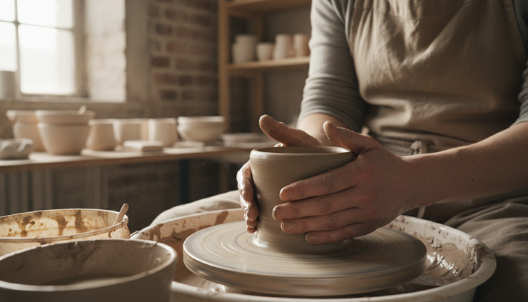 Close-up of hands shaping clay on a pottery wheel