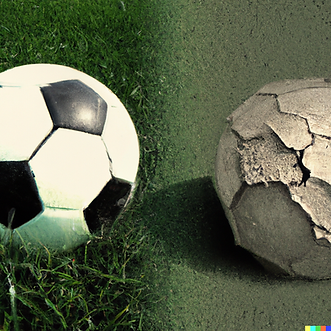 DALL·E - An old football next to a brand new football, on a football pitch, digital art..p