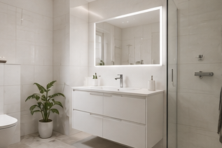 Kleines schlichtes Badezimmer in Weiß mit WC und Waschbecke