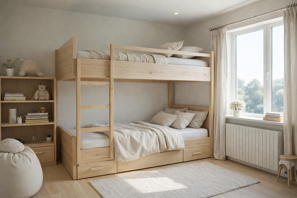 Eye-level view of a small bedroom with a loft bed and under-bed storage