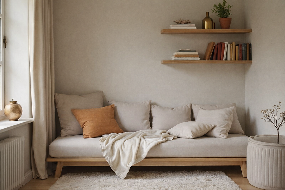 Close-up view of a small bedroom corner with a cozy reading nook and wall-mounted shelves