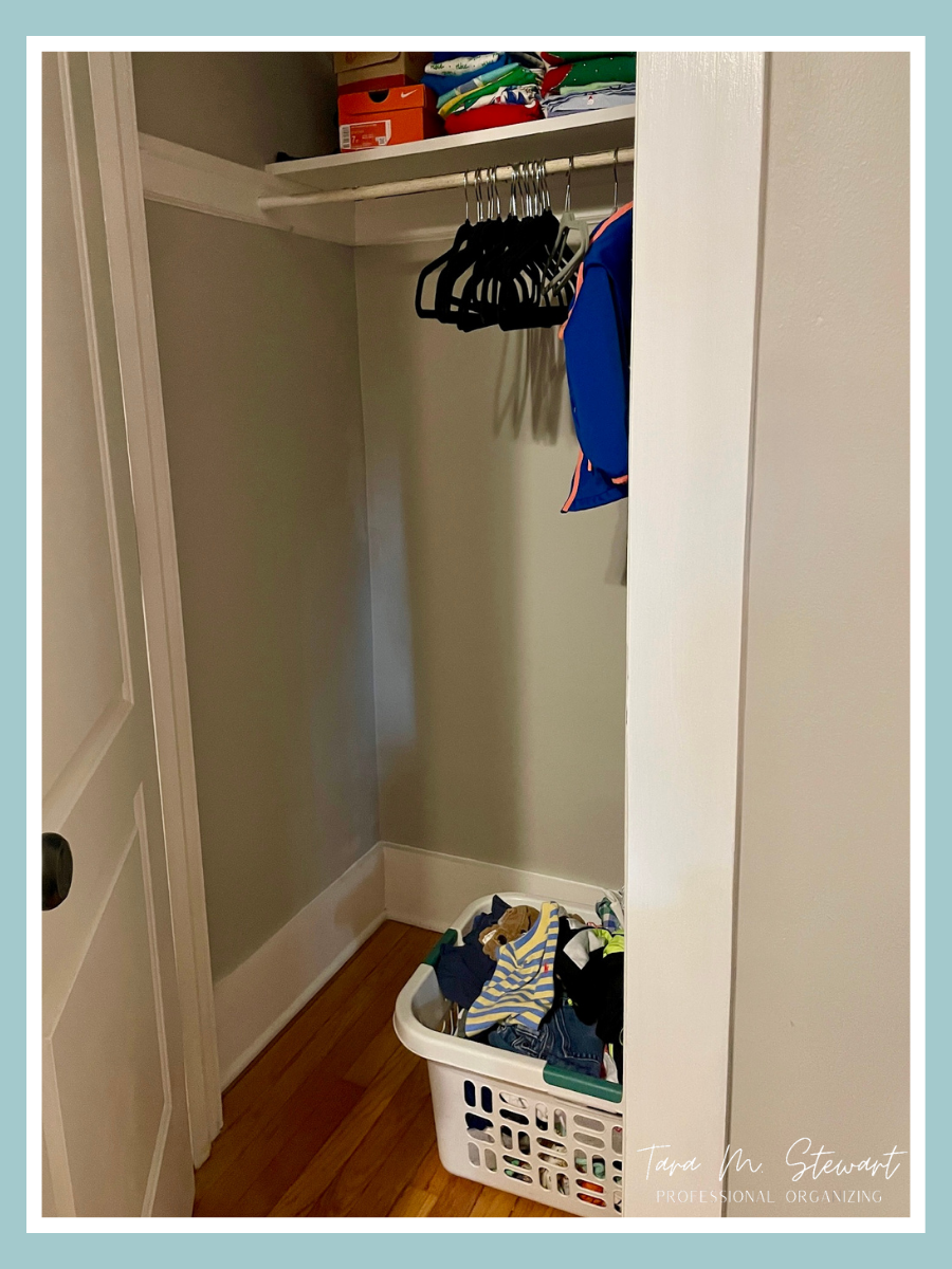 Organized closet with hangers, folded clothes on a shelf, and a laundry basket on the floor. Text: Tara M Stewart, Professional Organizing.