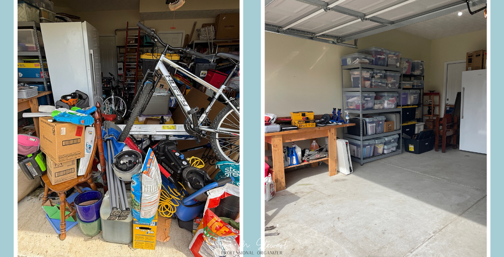 Side-by-side garage transformation showing a cluttered, overstuffed garage before and a neatly organized garage after, featuring labeled bins, shelving, and clear floor space by Tara M. Stewart Professional Organizing.