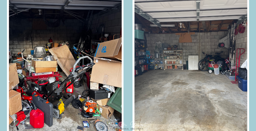 Side-by-side garage transformation showing a cluttered, overstuffed garage before and a neatly organized garage after, featuring labeled bins, shelving, and clear floor space by Tara M. Stewart Professional Organizing.