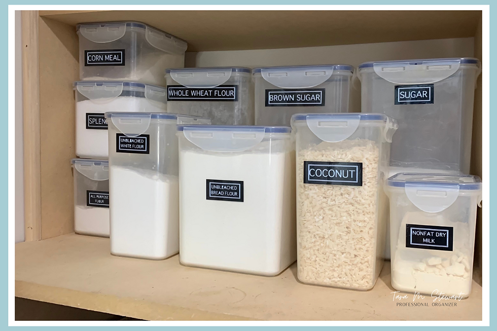 Clear containers with labeled ingredients like flour, sugar, and coconut organized on wooden shelves. Tidy, neatly labeled pantry items.
