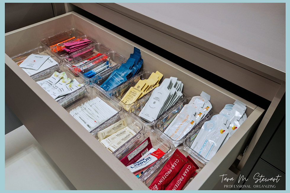 Custom clear acrylic drawer inserts filled with organized hydration packets, vitamins, teas, and wellness drink mixes by Tara M. Stewart Professional Organizing.