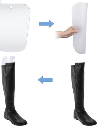 Step-by-step image showing how to use clear boot shaper inserts. A flat plastic insert is shown, then rolled into a cylinder, then placed inside a tall black boot to help it stand upright and keep its shape