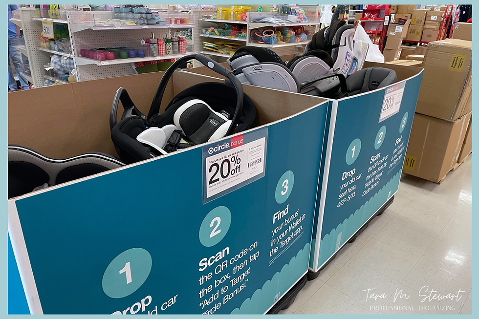 Two large teal and white recycling bins at Target filled with used car seats. The bins feature large white circles with numbers 1, 2, and 3, explaining the process: 1. Drop your old car seat here; 2. Scan the QR code on the box; 3. Find your bonus in your Wallet in the Target app.