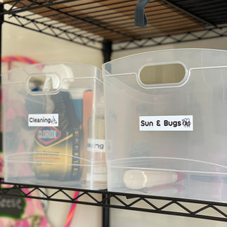 lack wire shelving with clear plastic bins labeled 'Cleaning' and 'Sun & Bugs,' containing household items like Clorox spray and sunscreen for organized garage or utility room storage.