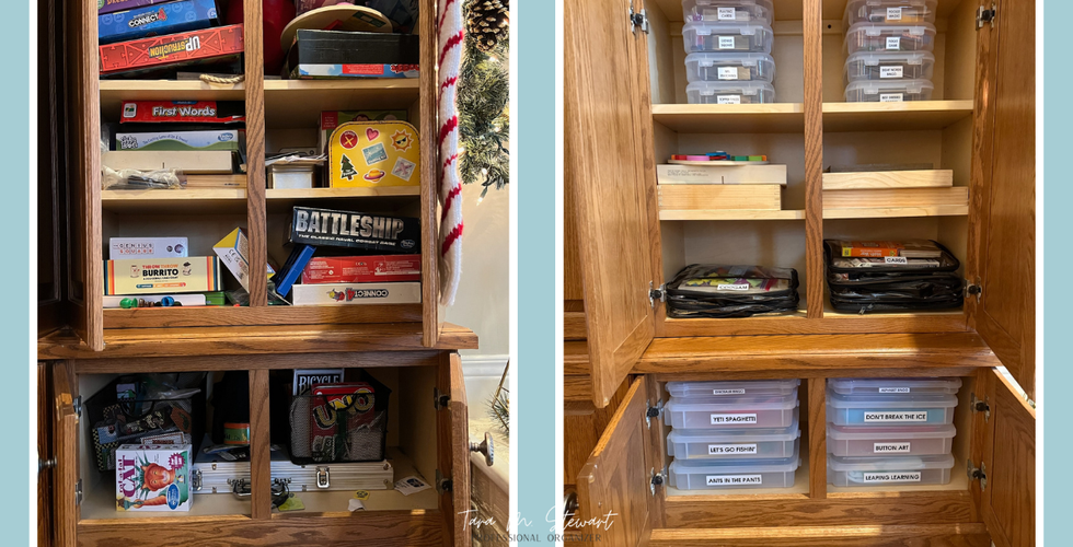 Before and after of a board game cabinet, showing cluttered shelves with crushed game boxes transformed into clear, labeled bins for organized board game storage.