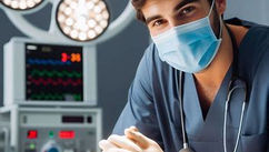 Surgeon in blue scrubs and mask stands confidently in an operating room, lit by surgical lights, with medical monitor displaying vitals.