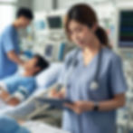 A nurse in blue scrubs writes on a clipboard in a hospital room, with a patient lying in bed and medical equipment in the background.