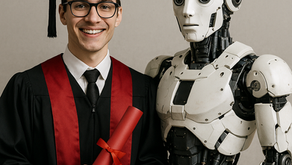 student on graduation day standing next to a robot