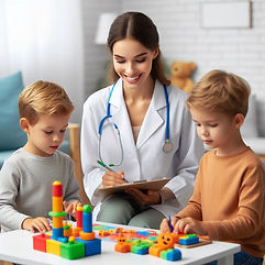 Doctor with stethoscope smiles at two boys playing with colorful blocks in a bright room. Clipboard in hand, creating a friendly mood.