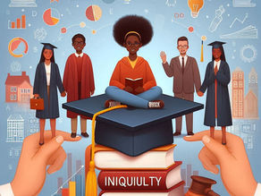 People in academic attire stand around a large cap on books. One person meditates. Background of charts and graphs. Book reads "INIQUITY."