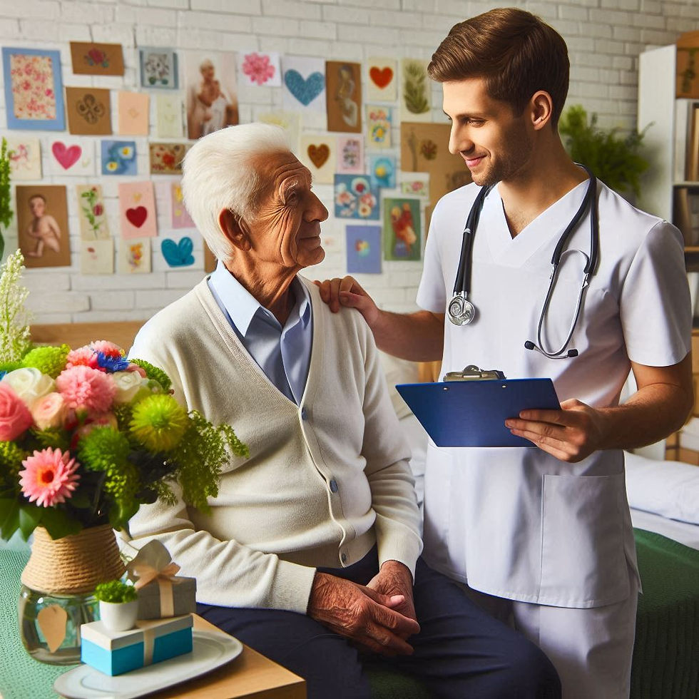 A doctor smiles, gently touching an elderly man's shoulder in a warmly decorated room. Bright flowers and gift box visible. Caring atmosphere.