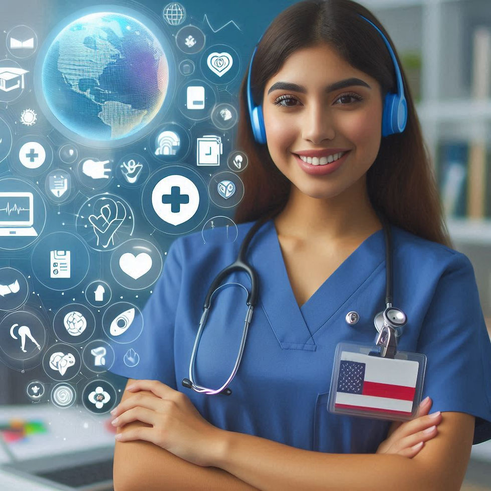 Smiling woman in blue scrubs and headphones with icons like a globe and medical symbols around her. ID badge with flag. Modern healthcare theme.