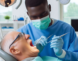 A dentist from Africa in blue scrubs in a dental clinic treating a patient in North America 
