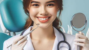 Smiling dentist in a white coat, holding a dental mirror and tool, stands in a teal dental chair setting, exuding a welcoming mood.