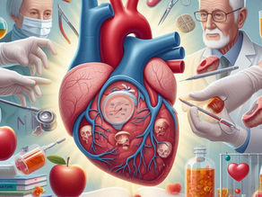 Surreal scene with doctors examining a large, anatomically stylized heart over an open book, surrounded by medical tools and apples.