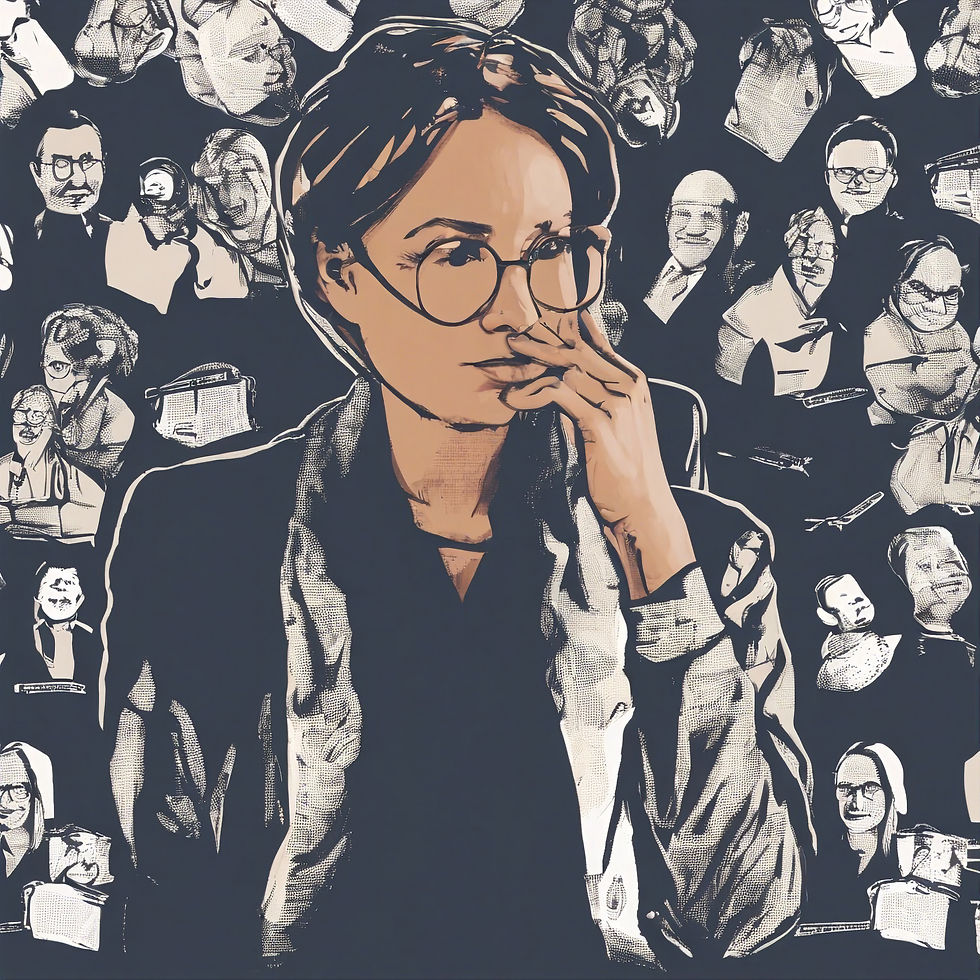 A thoughtful person with glasses, hand on chin, in a collage of people sketches. Dark background, abstract style, contemplative mood.