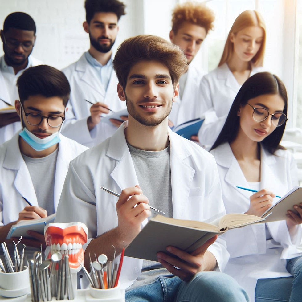 Students in white lab coats study dentistry in a classroom. They examine books and tools, focused and serious. Dental models on desks.