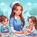PMHNP with stethoscope helps a young boy hold a syringe in a colorful classroom. Soft, caring expressions; toys and markers are in view.