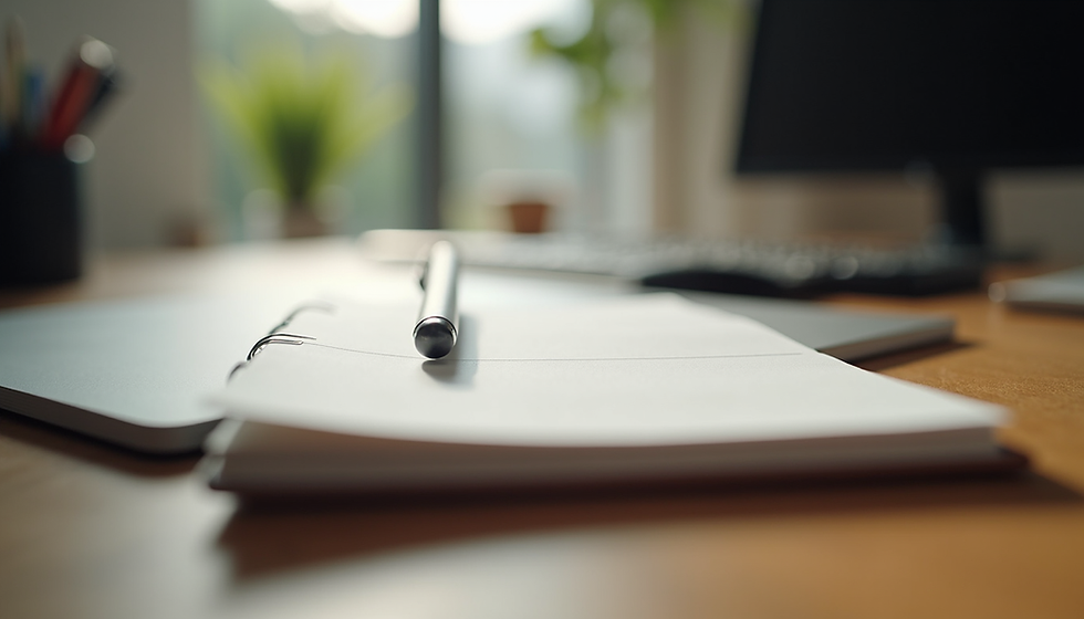 ink pen lying on an open notebook sitting on a desk in a well lit room