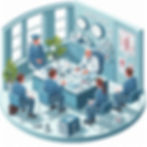 A doctor sits at a desk in a medical office with five people in suits. Diagrams, clocks, and medical items decorate the blue-toned room.