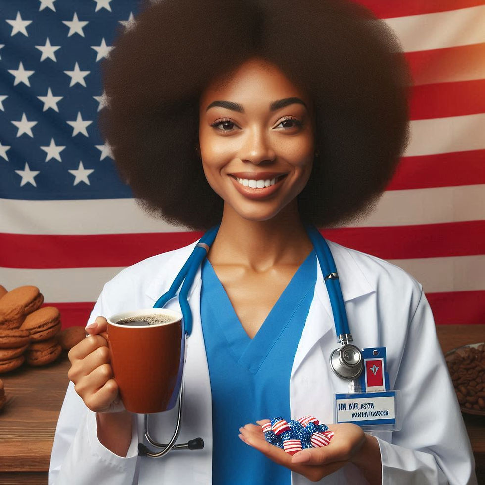 Smiling doctor in blue scrubs and white coat holds coffee and American flag-themed candies. USA flag in the background, cookies nearby.