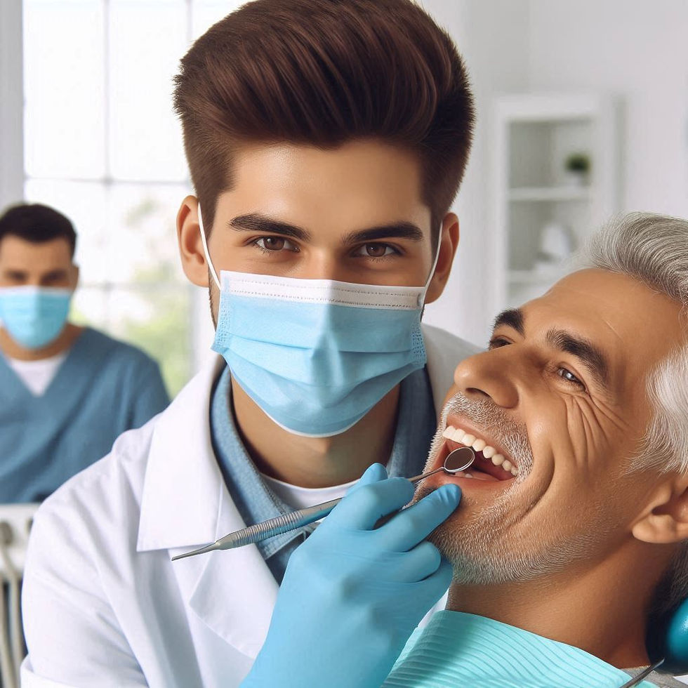 Dentist in a mask examines a smiling man with a dental mirror. Both appear relaxed. Another person in scrubs is blurred in the background.