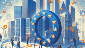 symbol of the European Union with commercial district in the background