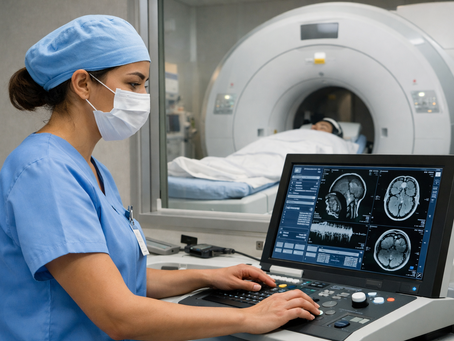 nurse in blue scrubs and white mask taking an MRI