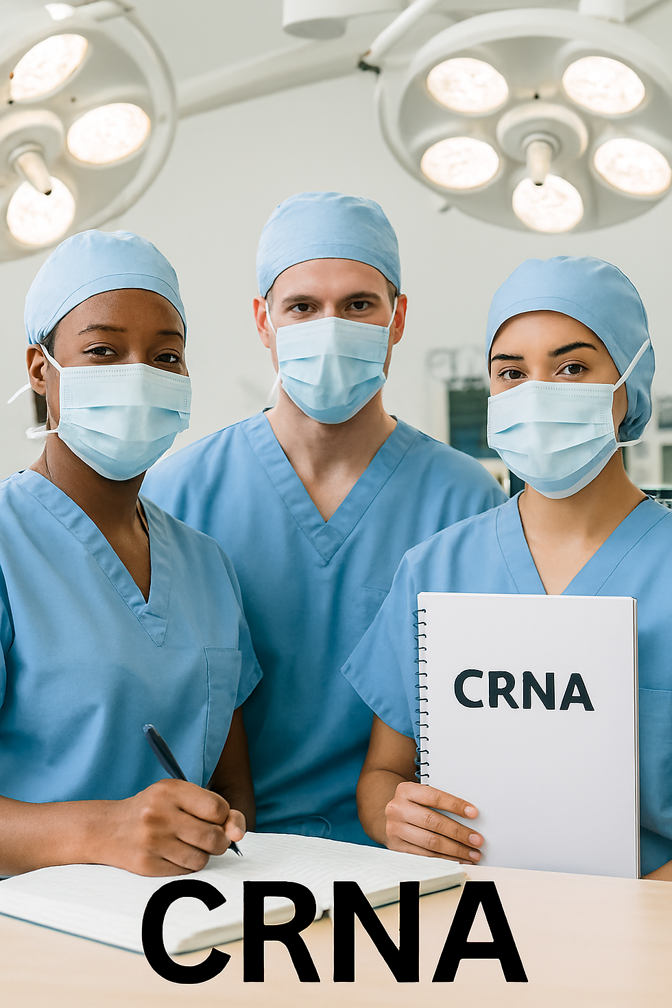 Three healthcare workers in blue scrubs and masks, one holds a "CRNA" notebook. They're in a bright medical setting with overhead lights.
