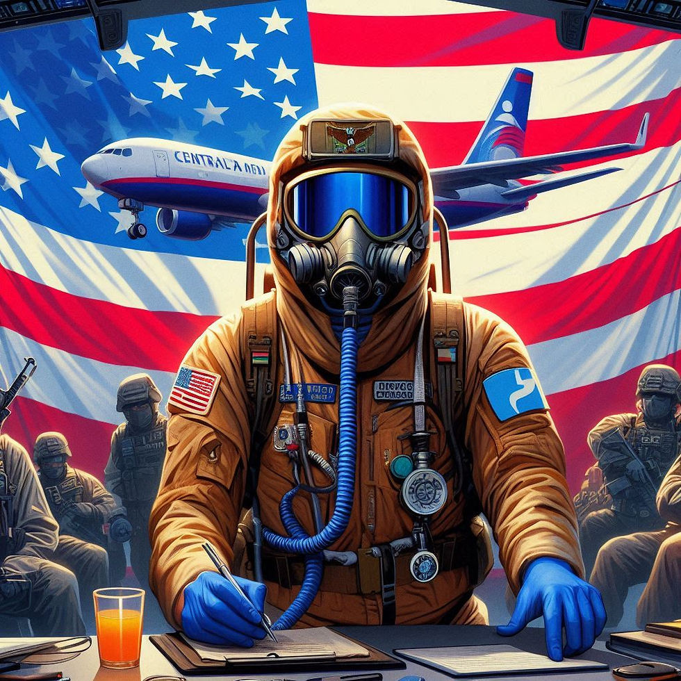 Person in orange hazmat suit and gas mask writes at a table, backed by American flag and plane. Tense mood with soldiers in the background.