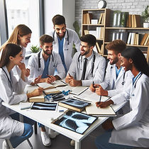 Seven doctors in white coats are smiling and discussing around a table with X-rays and books in a bright room with shelves of books.