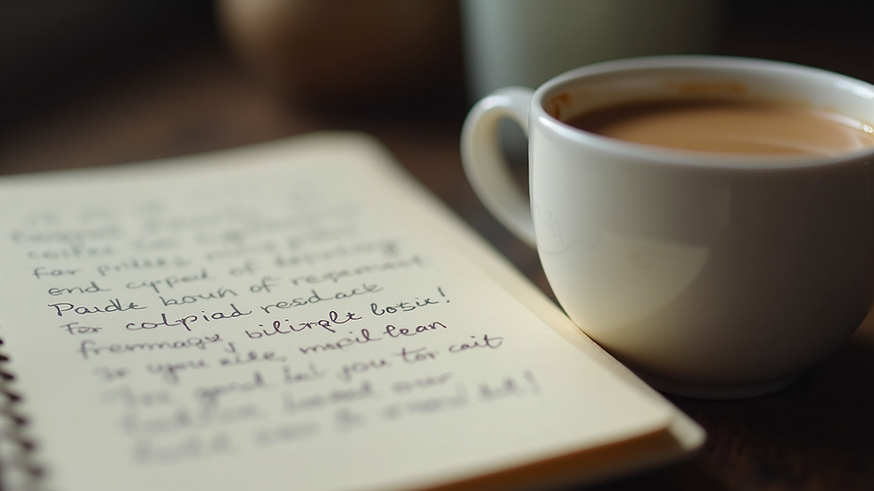 Close-up view of a journal with handwritten notes and a cup of coffee