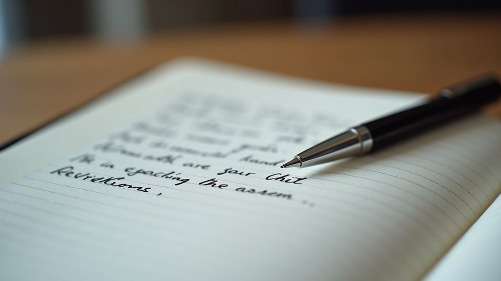 Eye-level view of a notebook with handwritten notes and a pen