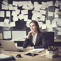 woman organization director at her desk with several laptops and a note board with numerous messages tacked up
